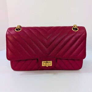 Chanel Raspberry Red Classic Chevron Blue Interior Reissue 2.55 Double Flap